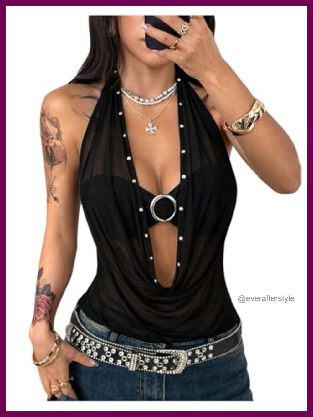 2 Piece Halter Top Rivets Sheer Metal Ring Tube Top Y2K Clubwear